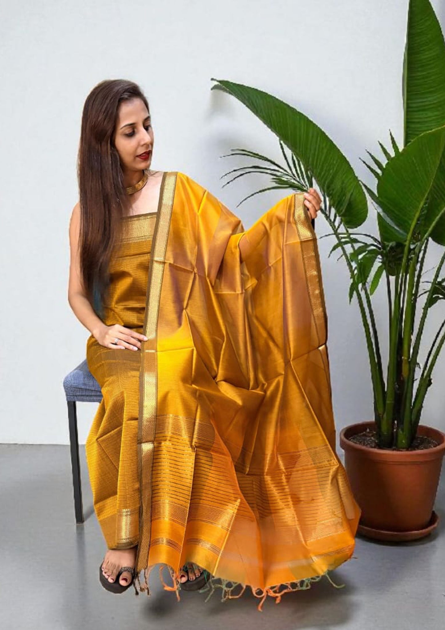 Maheshwari Silk Suit Set- Mustard Yellow M16