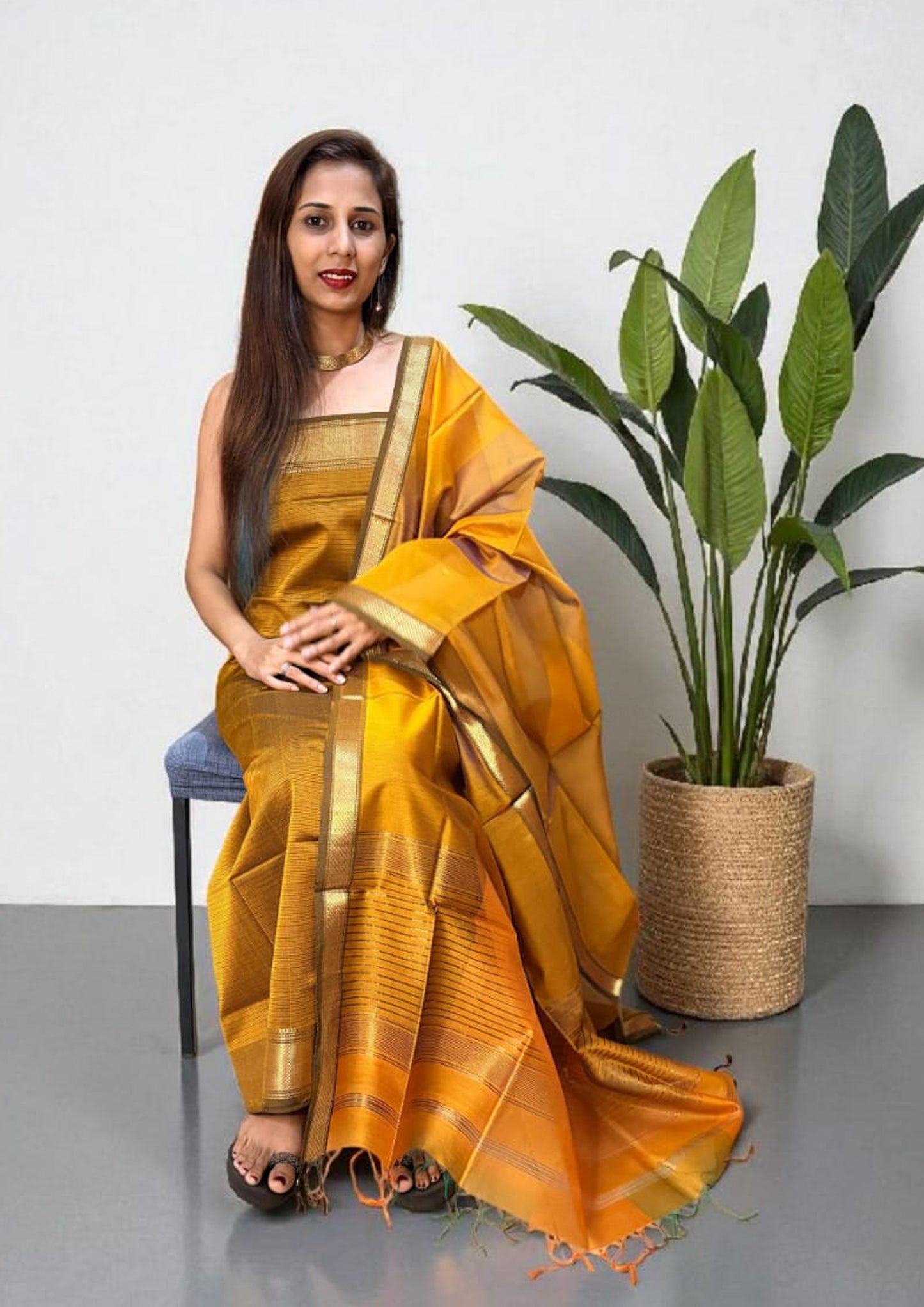 Maheshwari Silk Suit Set- Mustard Yellow M16