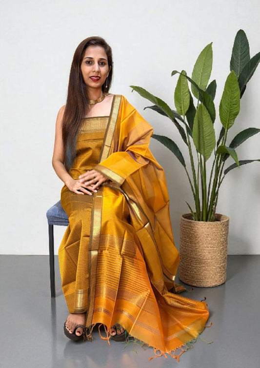 Maheshwari Silk Suit Set- Mustard Yellow M16