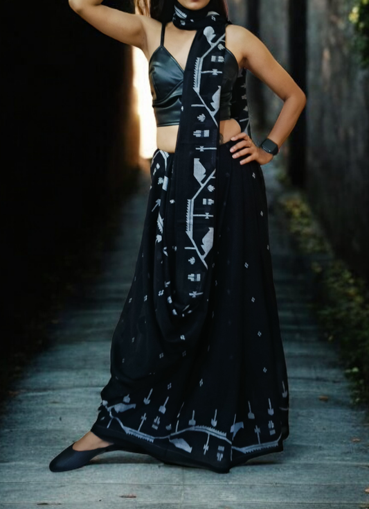 Cotton Jamdani Chir Buti Saree- Black
