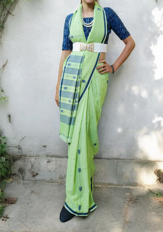 Cotton Jamdani Arrow Buti Saree- Light Green