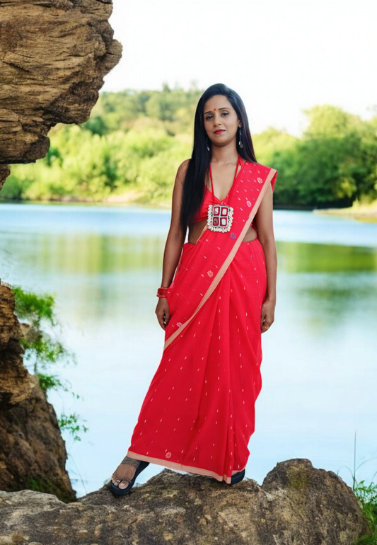 Cotton Jamdani Machi Buti- Red
