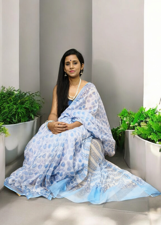 Bagru Handblock Print Kota Doria Saree- Blue Lotus
