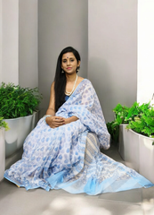 Bagru Handblock Print Kota Doria Saree- Blue Lotus