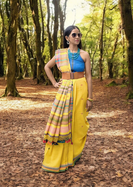 Bhujodi Kala Cotton Saree- Yellow