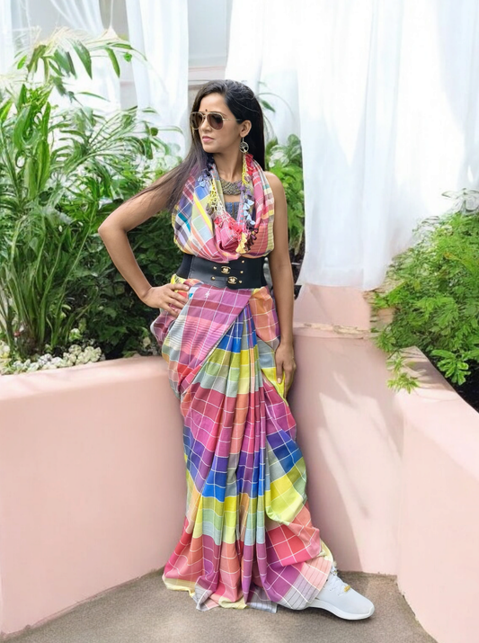 Bhujodi Soft Cotton Saree- Pink Checks
