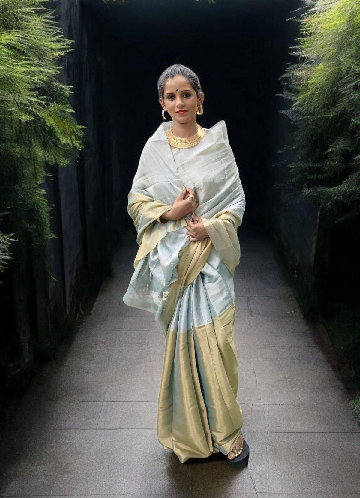 Chanderi Tissue Saree Dhup Chav- Blue Gold