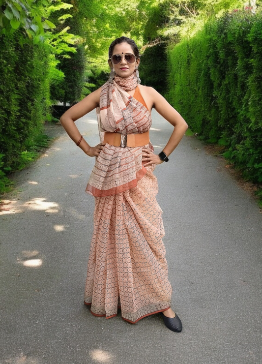 Bagru Handblock Print Kota Doria Saree- Red Flowers