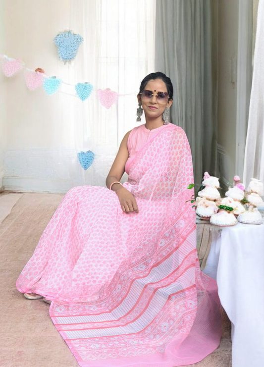 Bagru Handblock Print Kota Doria Saree- Pink Flowers