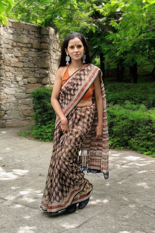 Bagru Handblock Print Kota Doria Saree- Black Amiya