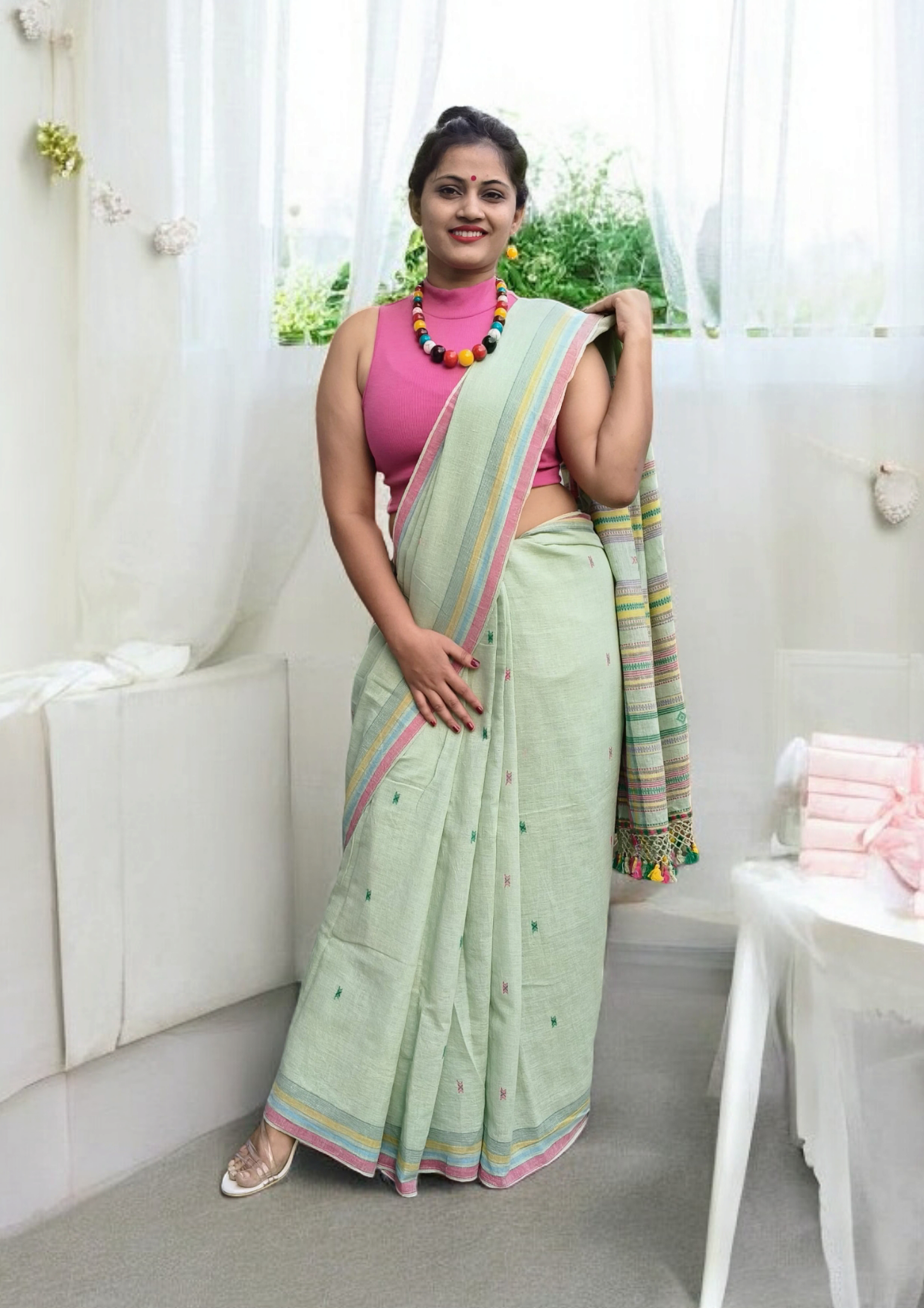 Bhujodi Kala Cotton Saree- Mint green