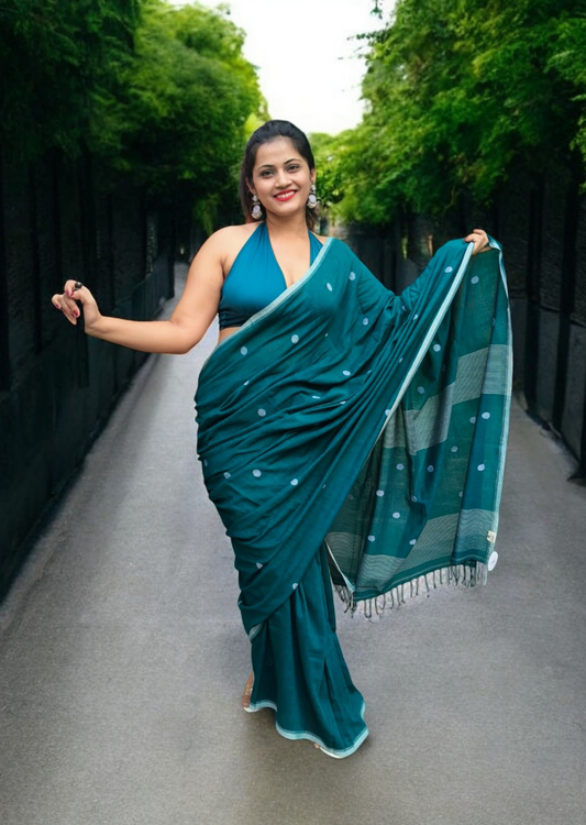 Cotton Jamdani Polka Buti Saree- Teal