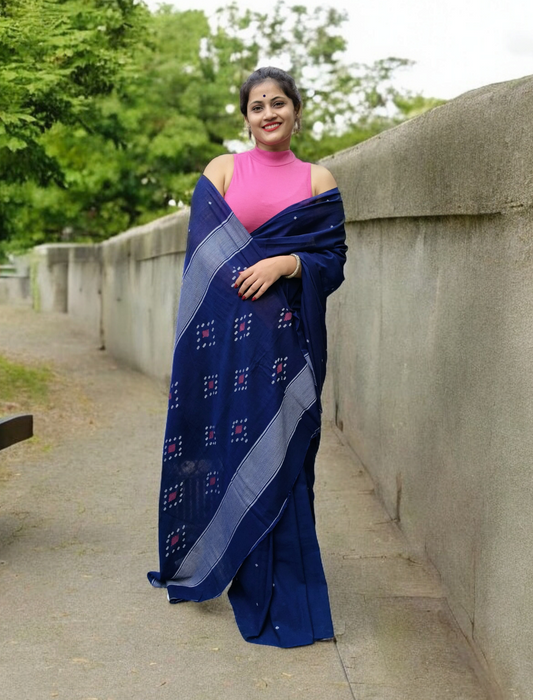 Cotton Jamdani Ruiton Buti Saree- Navy blue