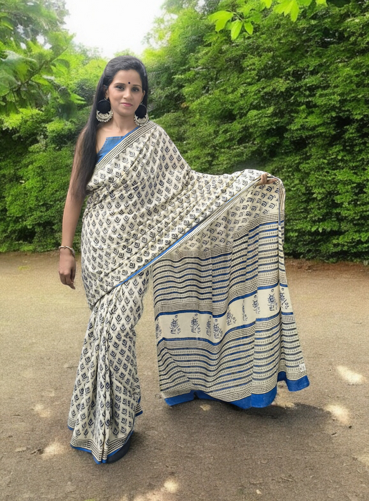 Bagru Handblock Print Cotton Mulmul Saree- Blue