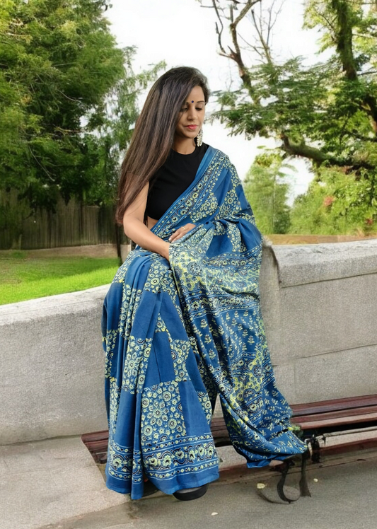Ajrakh Handblock Printed Cotton Mulmul Saree- Mco5 Blue
