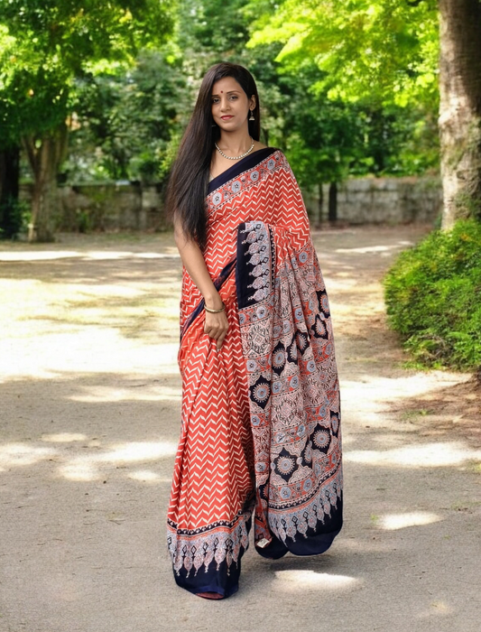 Ajrakh Handblock Printed Modal Saree- M4 Red