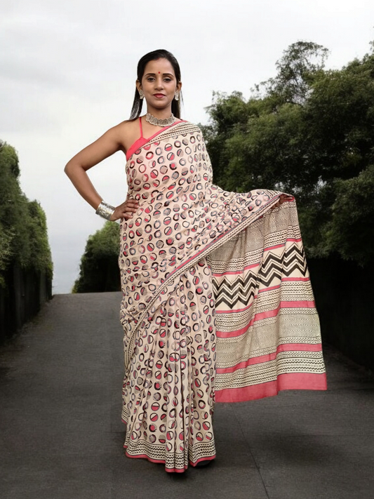 Bagru Handblock Print Cotton Mulmul Saree- Red 2