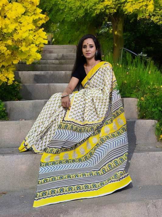 Bagru- Handblock print Cotton Saree- Cream Yellow