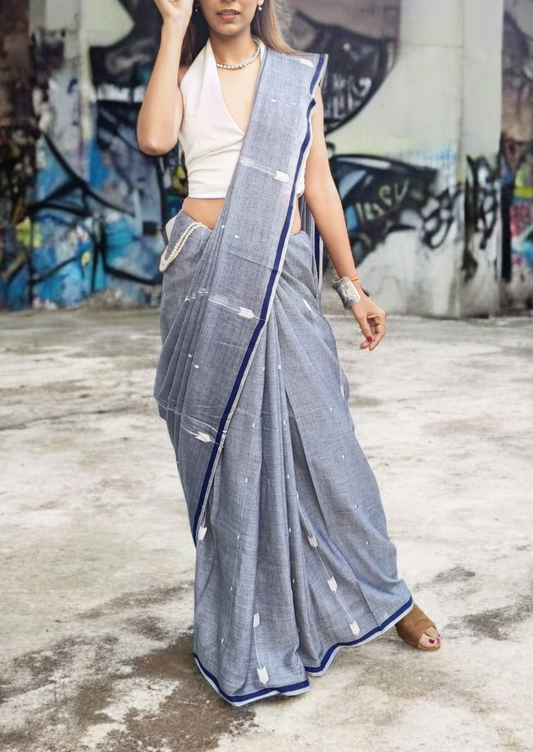 Cotton Jamdani Arrow Buti Saree - Denim blue