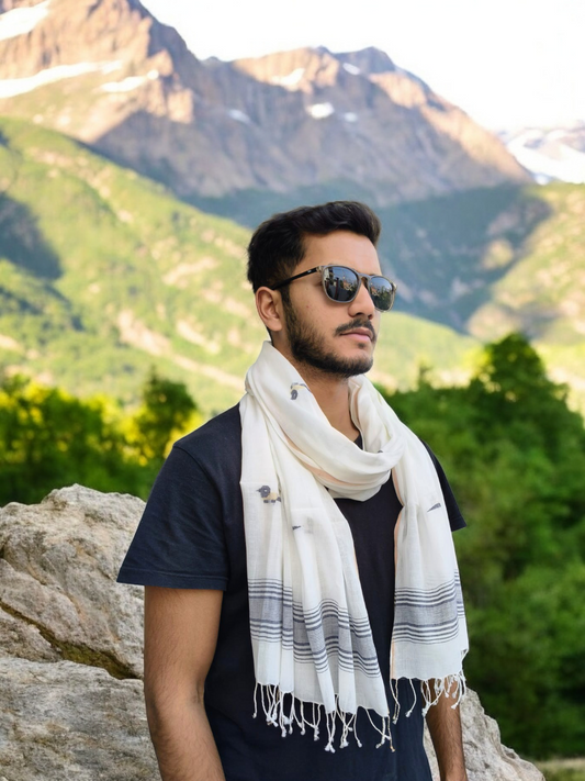 Jamdani Stole- Chidiya- White w3