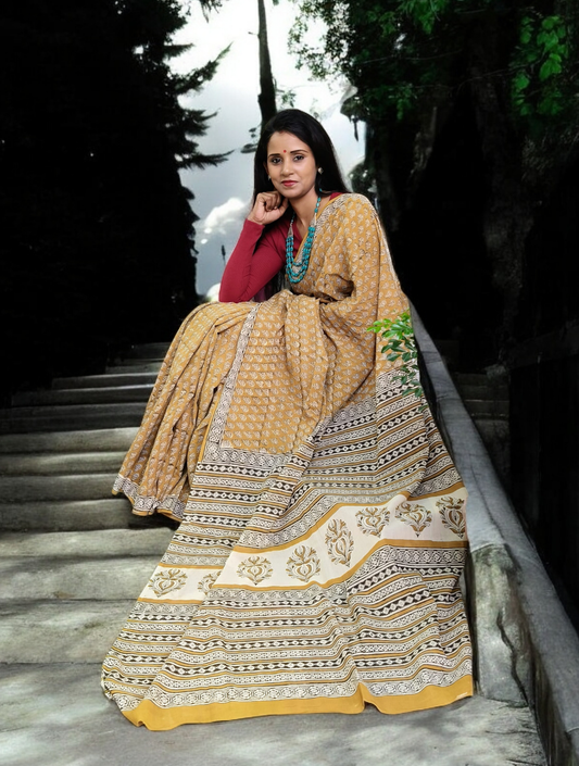 Bagru Handblock Print Cotton Mulmul Saree- Mustard