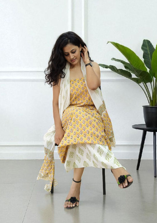 Bagru Handblock Print Suit B12- Yellow1