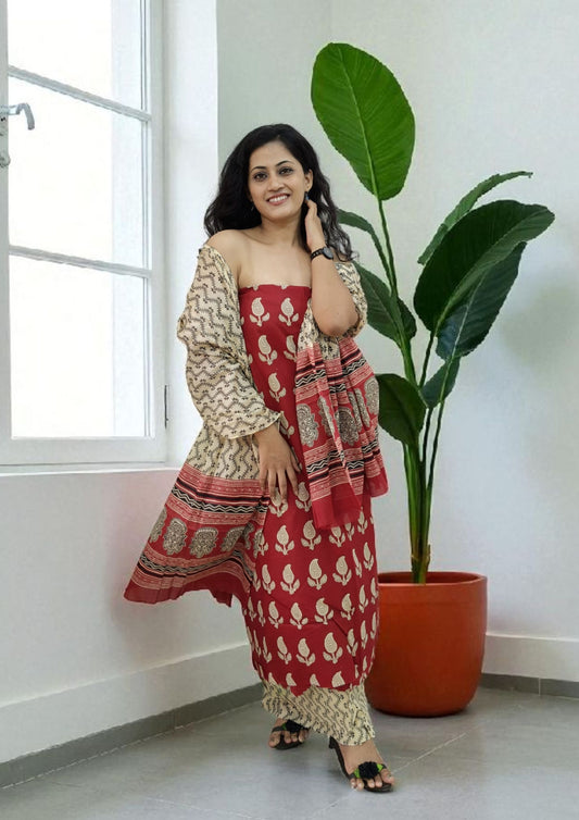 Bagru Handblock Print Suit B7- Red3