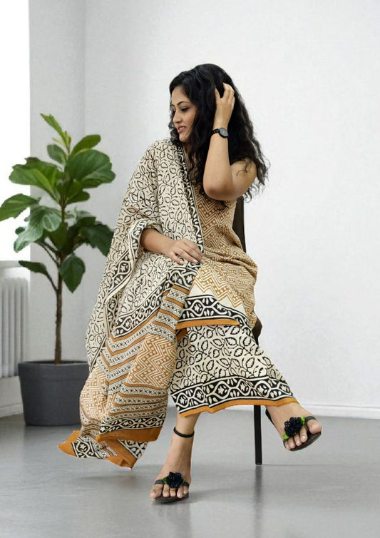 Bagru Handblock Print Suit B3- Mustard1