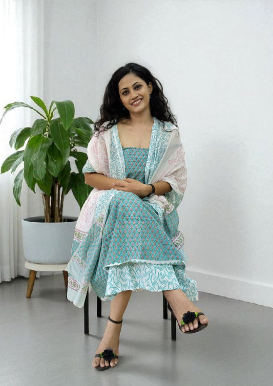 Bagru Handblock Print Suit B4- Light Blue1