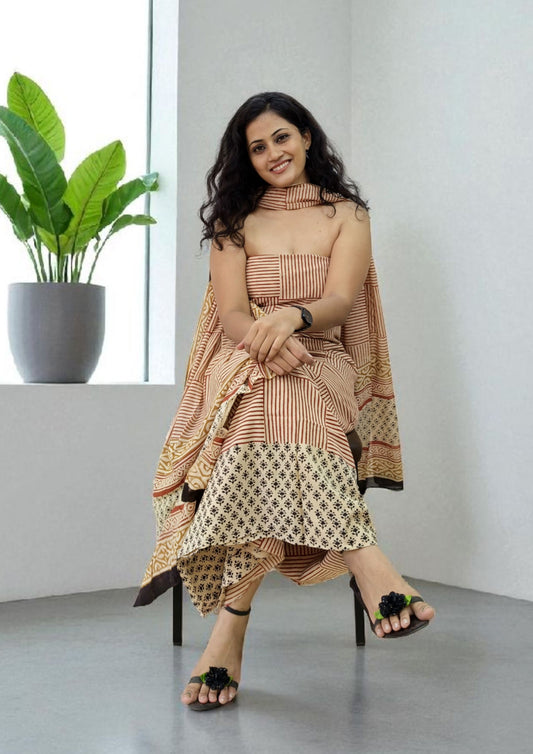 Bagru Handblock Print Suit B13- Cream1