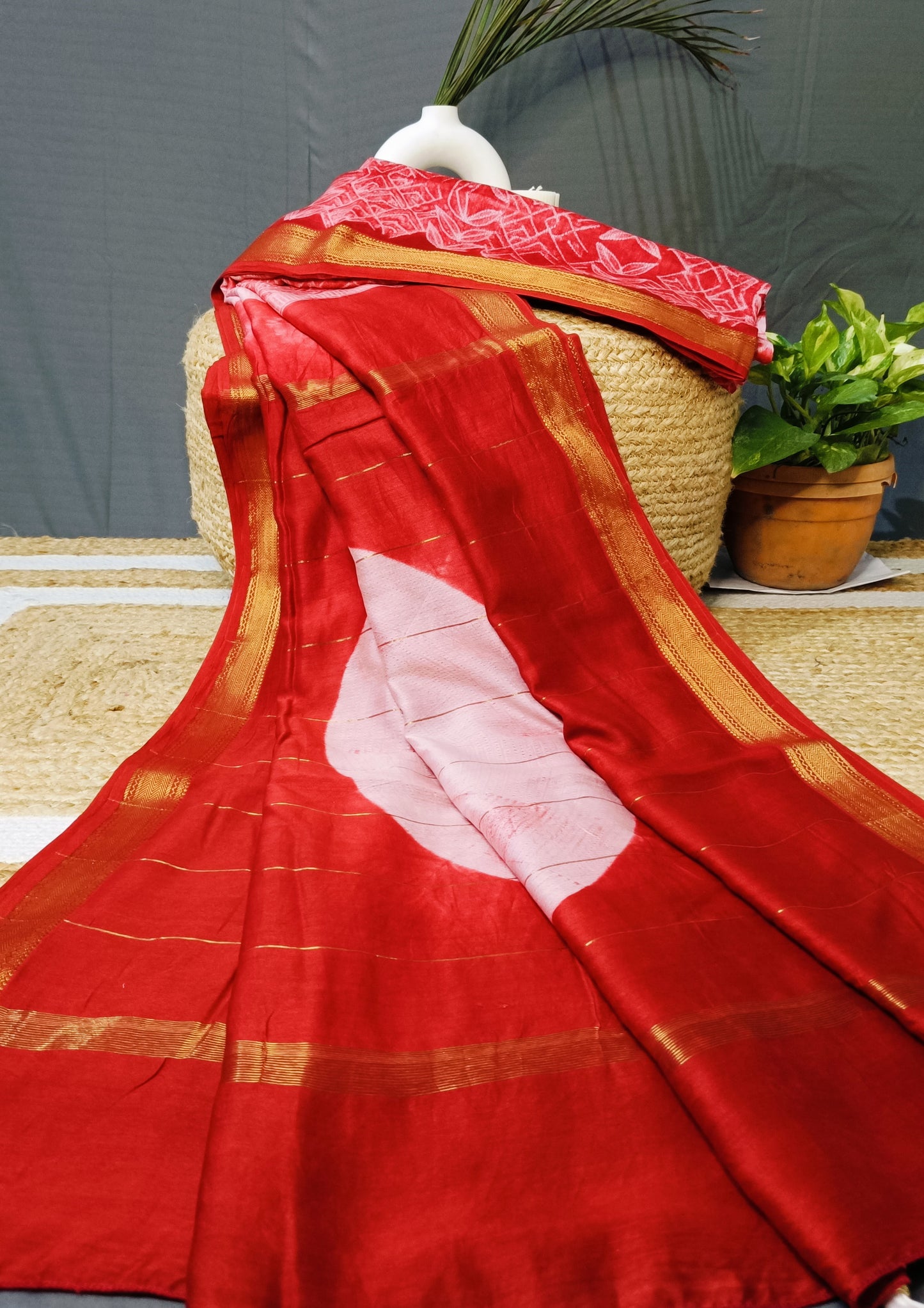 Shibori Maheshwari Saree S5- Red 2