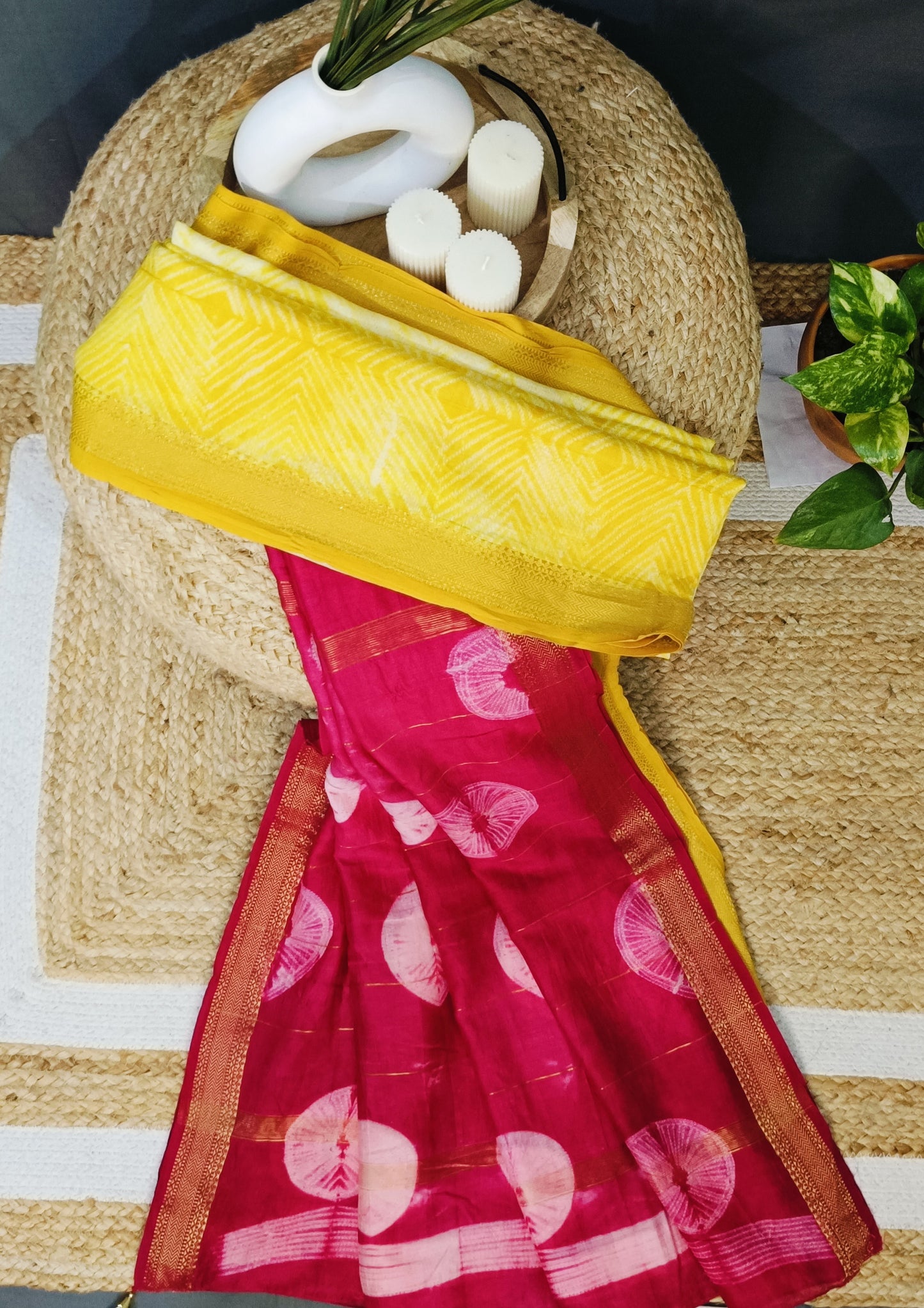 Shibori Maheshwari Saree S6- Yellow /Pink