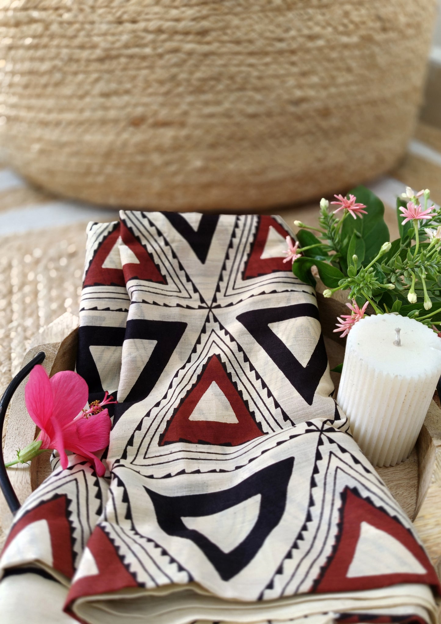 Handblock Printed Cotton Bagru Sarong- 02 Cream