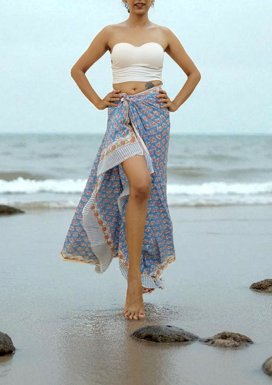 Handblock Printed Cotton Bagru Sarong- 05 Firozi