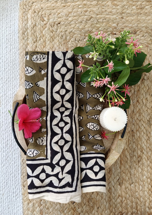 Handblock Printed Cotton Bagru Sarong- 04 Brown