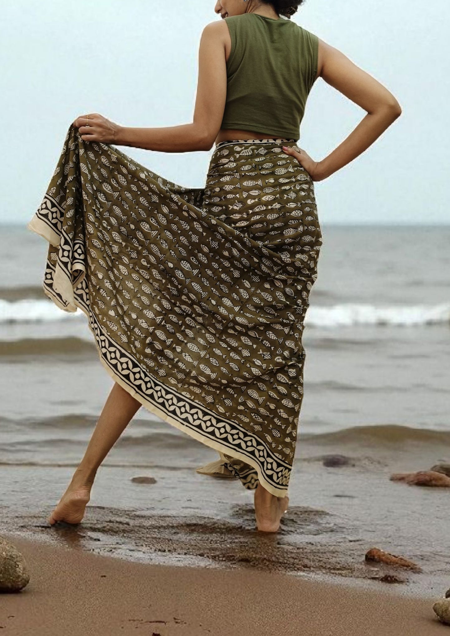 Handblock Printed Cotton Bagru Sarong- 04 Brown
