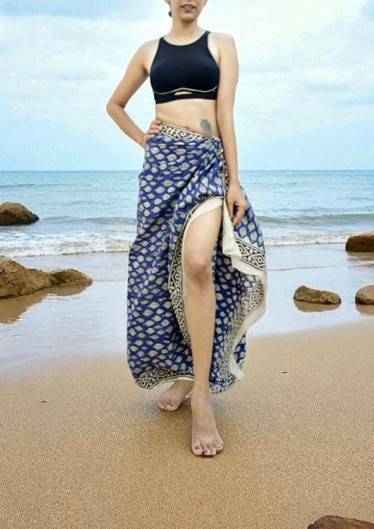 Handblock Printed Cotton Bagru Sarong-03 Blue