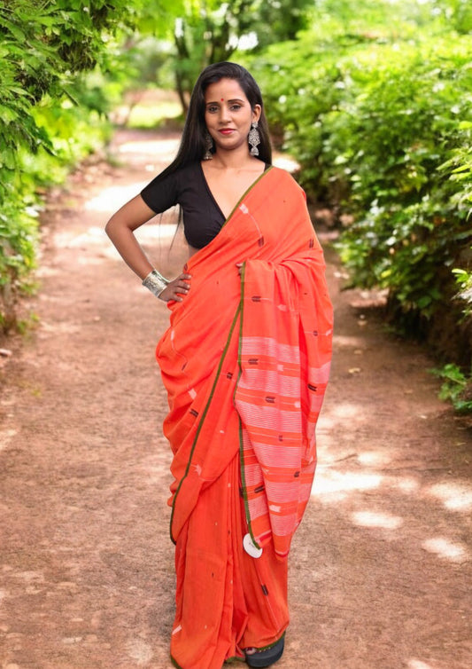 Cotton Jamdani Arrow Buti Saree- Orange