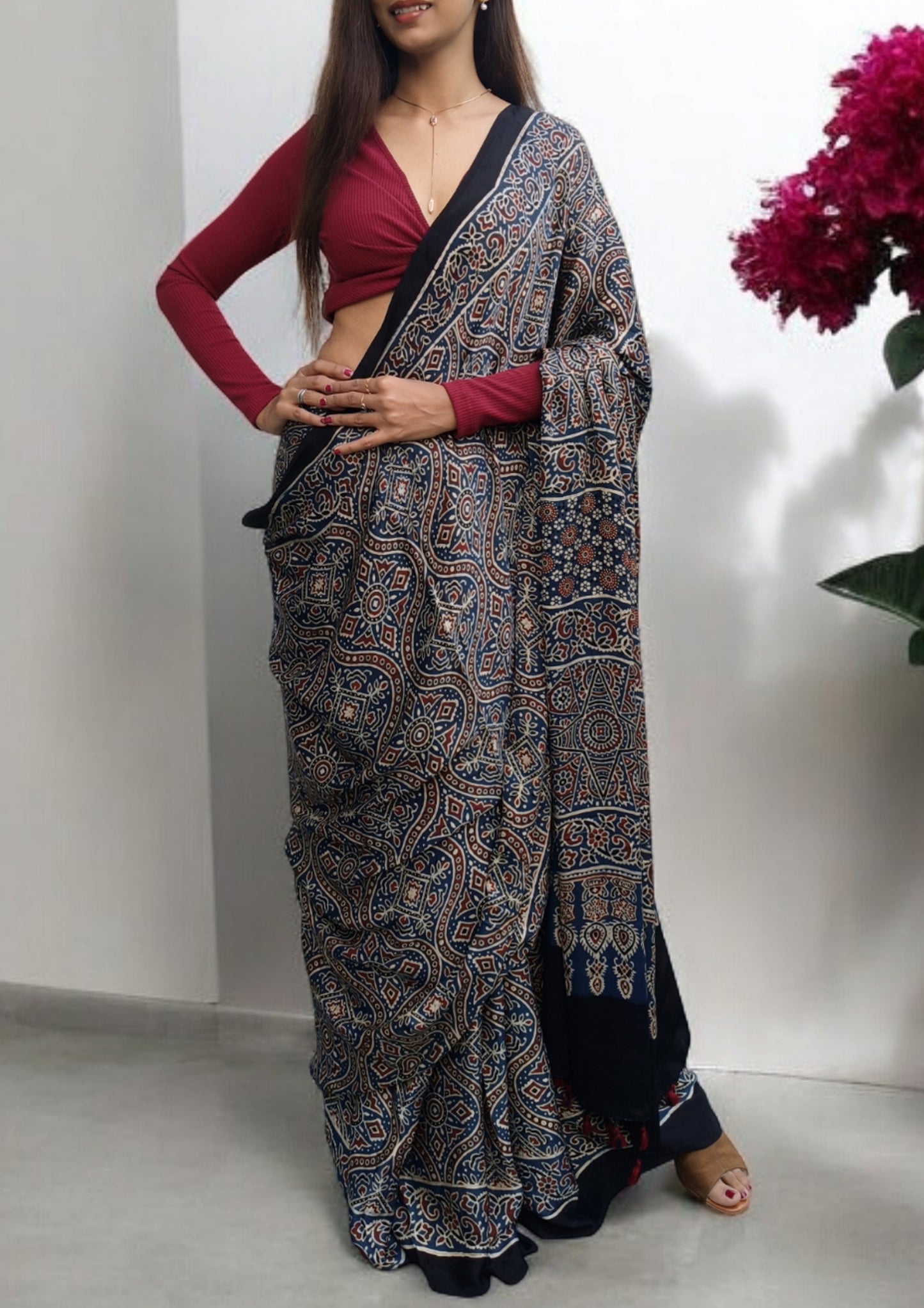 Ajrakh Handblock Printed Modal Saree- A4 Blue