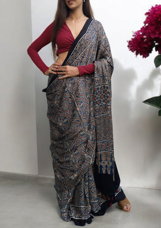 Ajrakh Handblock Printed Modal Saree- A4 Blue