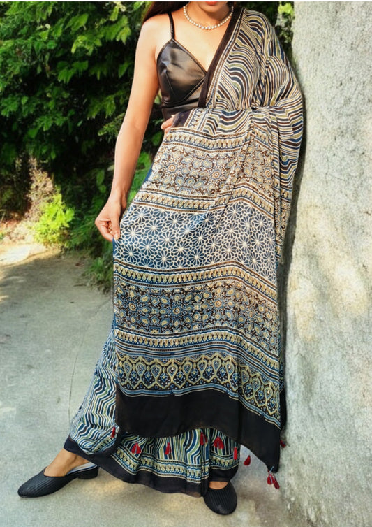 Ajrakh Handblock Printed Modal Saree- A2 Blue