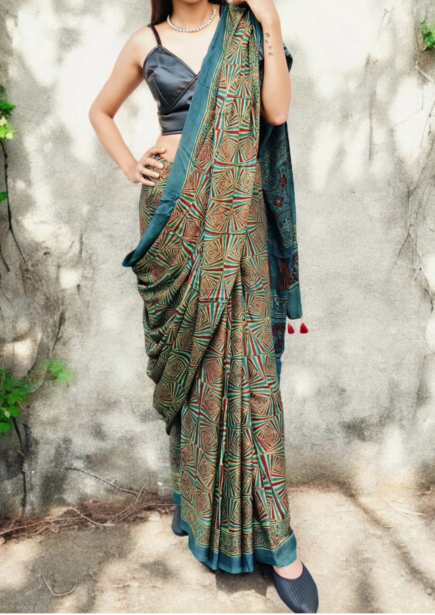 Ajrakh Handblock Printed Modal Saree- A1 Blue