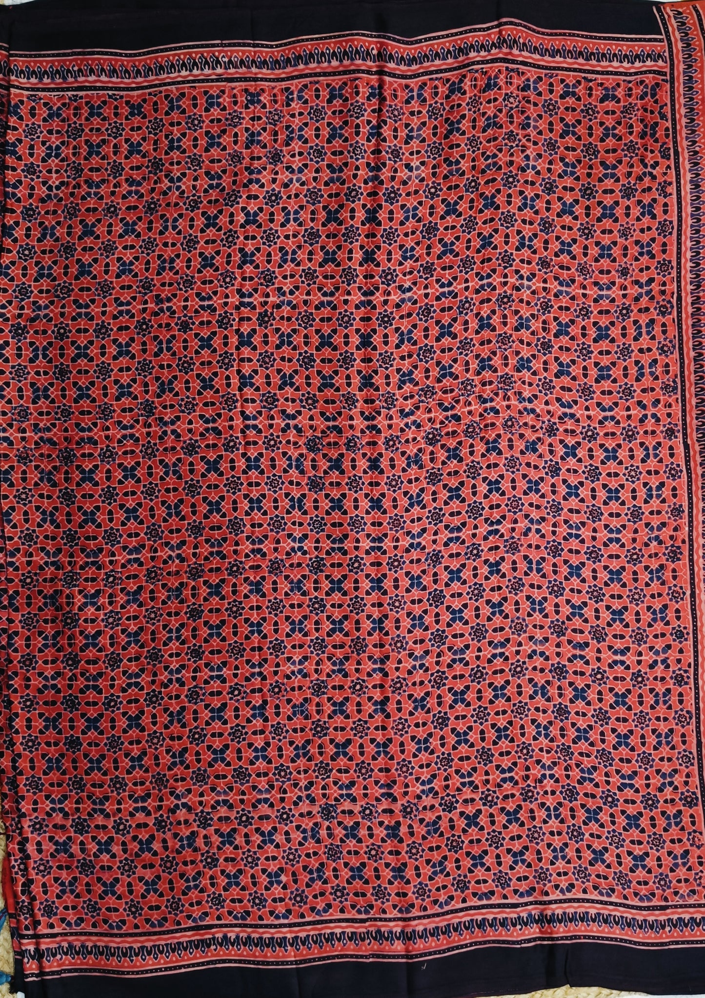 Ajrakh Handblock Printed Modal Saree- A3 Red