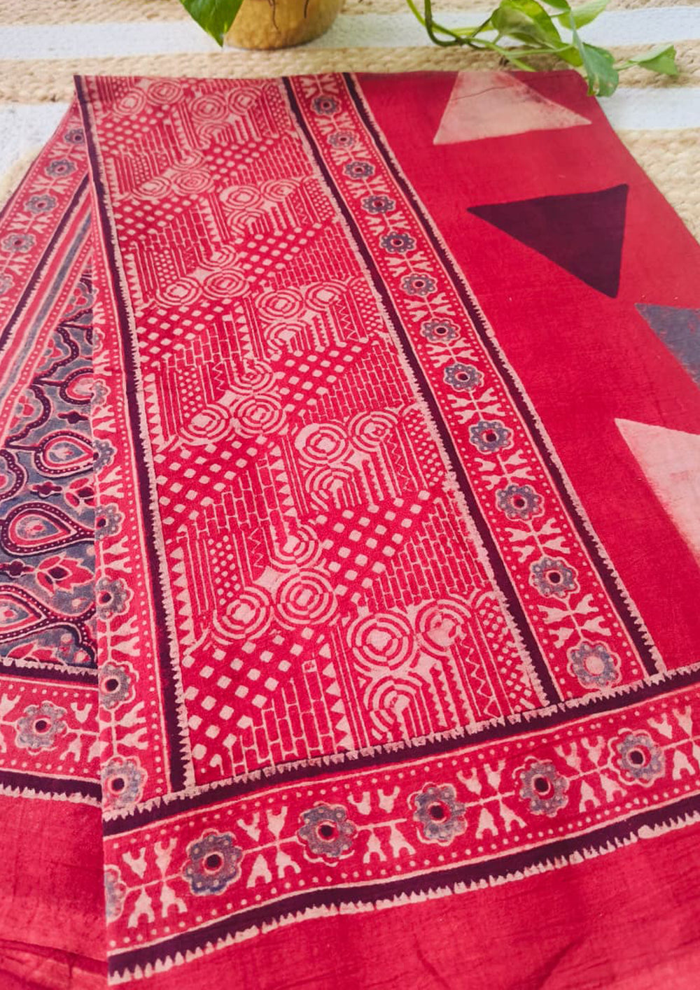 Ajrakh Cotton Dupatta - D3 Red - Wefta