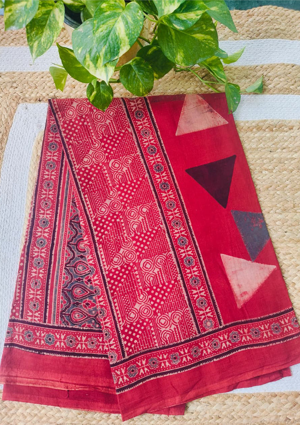 Ajrakh Cotton Dupatta - D3 Red - Wefta