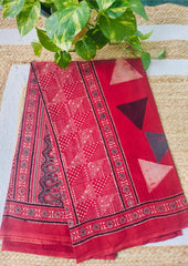 Ajrakh Cotton Dupatta - D3 Red - Wefta