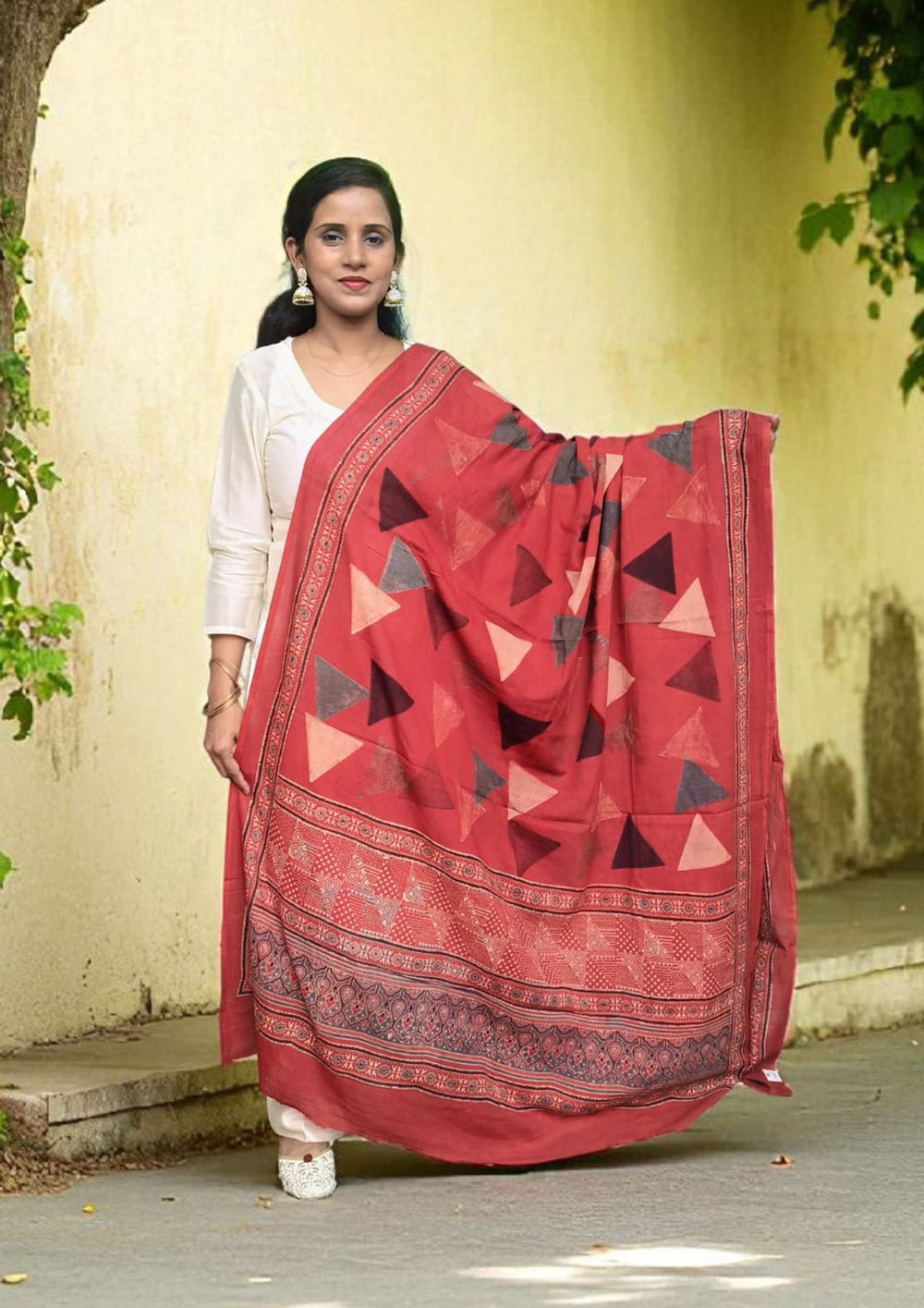 Ajrakh Cotton Dupatta - D3 Red - Wefta