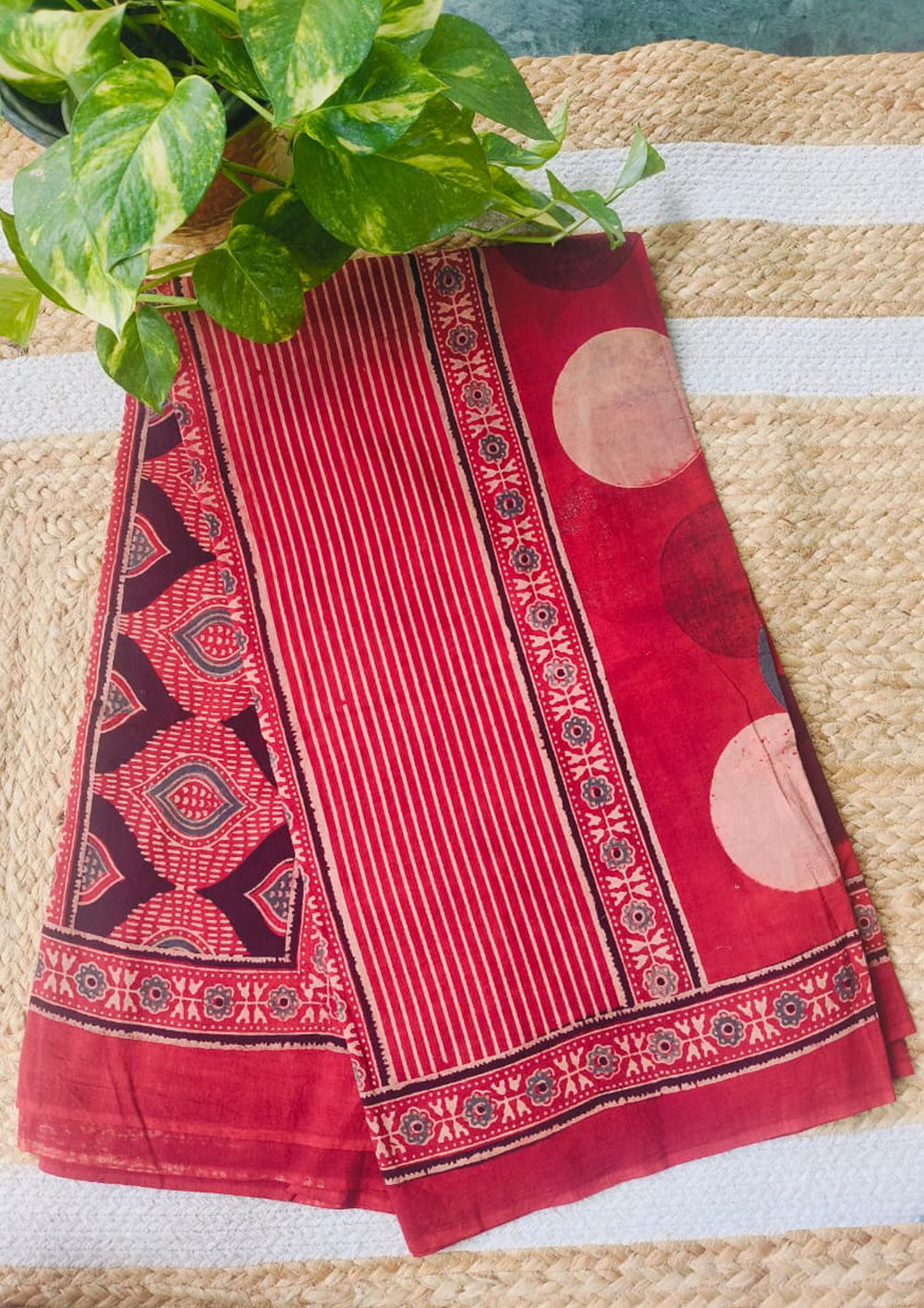 Ajrakh Cotton Dupatta - D6 Red - Wefta