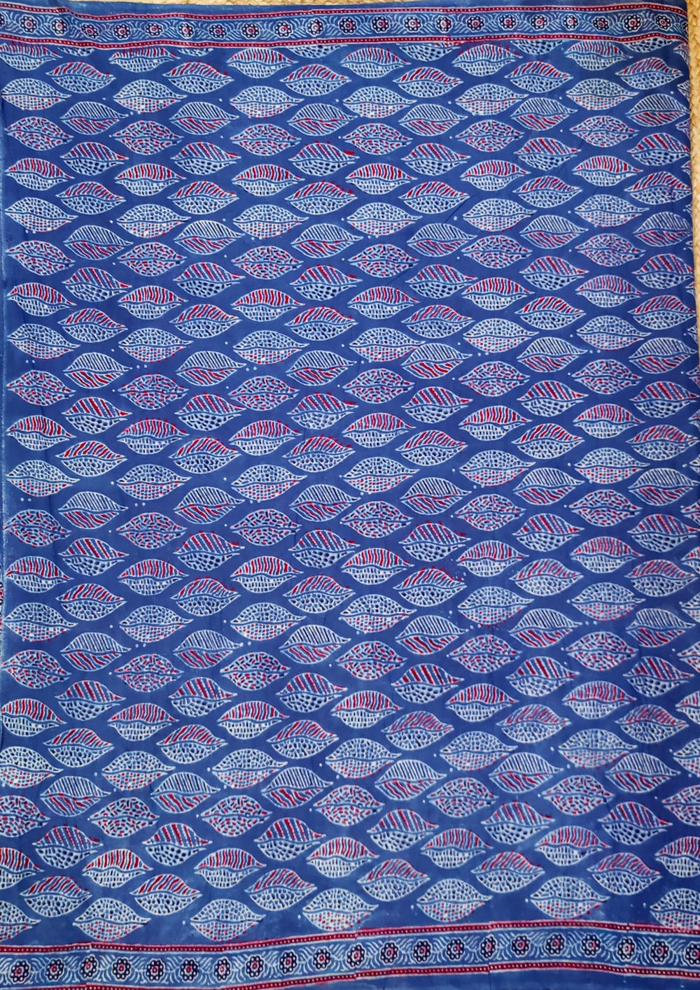 Ajrakh Handblock Printed Cotton Mulmul Saree - Mco1 Blue - Wefta
