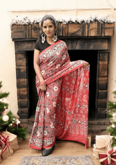 Ajrakh Handblock Printed Cotton Mulmul Saree- Mco2 Red - Wefta